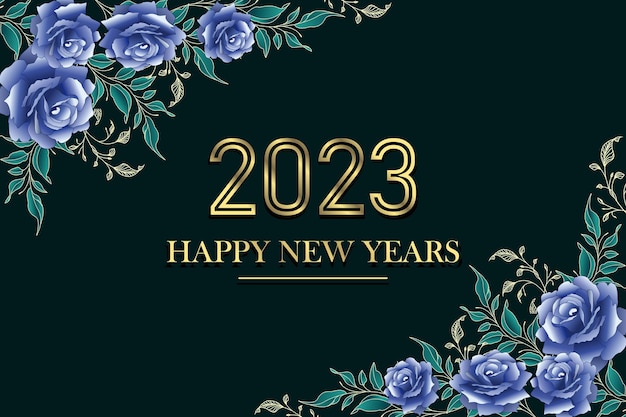 2023 Feliz Año Nuevo Con Diseño De Fondo Floral. Tarjeta de felicitación, pancarta, póster. Vector.