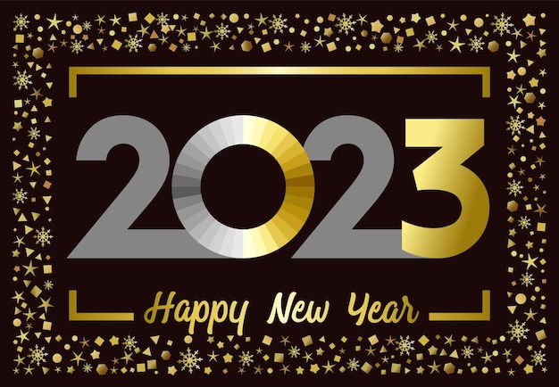 2023 Un feliz año nuevo felicidades. Concepto de logotipo, marco dorado. Hermoso telón de fondo nevado brillante.