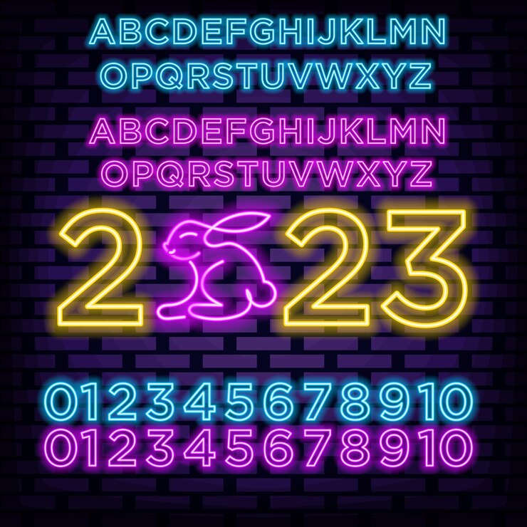 Vector 2023 feliz año nuevo y feliz navidad alfabeto neon sign vector sobre fondo de pared de ladrillo advensing nocturno