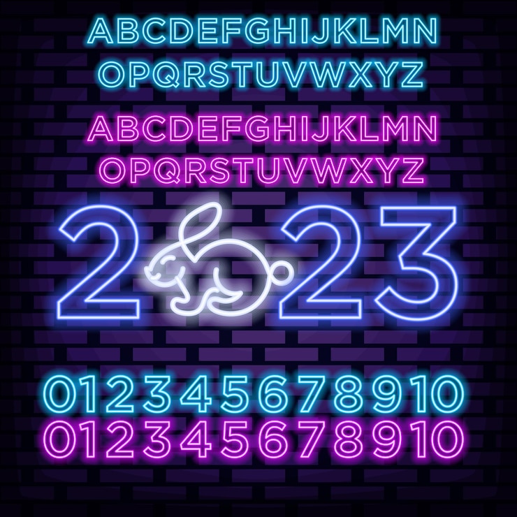 Vector 2023 feliz año nuevo y feliz navidad alfabeto neon sign vector sobre fondo de pared de ladrillo advensing nocturno