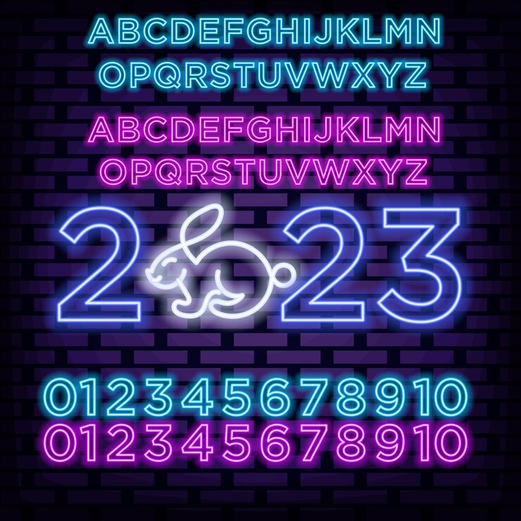 Vector 2023 feliz año nuevo y feliz navidad alfabeto neon sign vector sobre fondo de pared de ladrillo advensing nocturno
