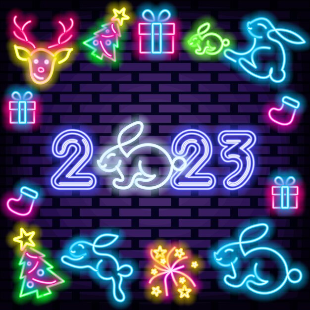 2023 Feliz Año Nuevo y Feliz Navidad Letreros de neón Sobre fondo de pared de ladrillo Texto de neón