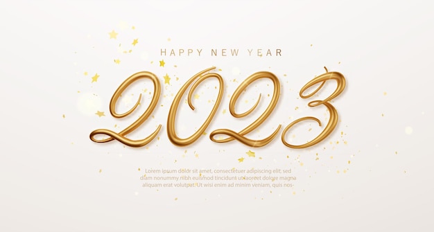 2023 Feliz Año Nuevo Golden Vector lujo texto elegante banner con confeti cayendo sobre fondo brillante 2023 Golden 3d numbe