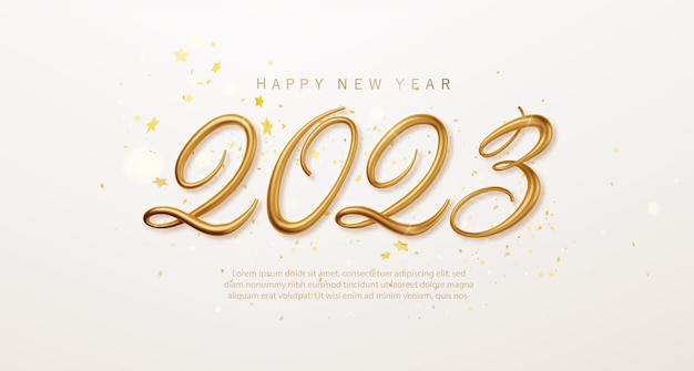 2023 feliz año nuevo golden vector lujo texto elegante banner con confeti cayendo sobre fondo brillante 2023 golden 3d numbe