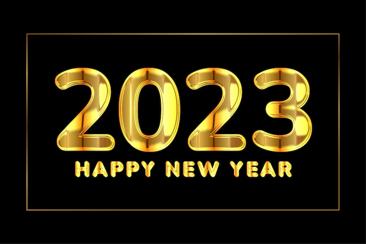 Vector 2023 feliz año nuevo con número de oro sobre fondo oscuro