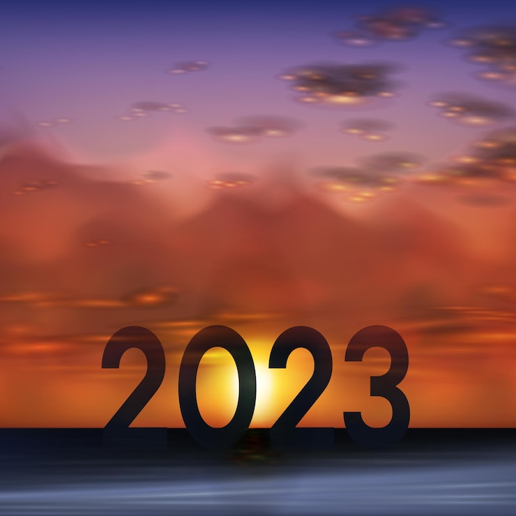 Vector 2023 feliz año nuevo silueta de número concepto de año nuevo con fondo de puesta de sol