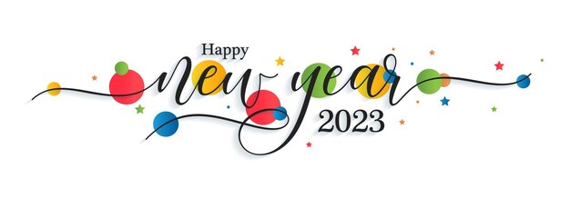 2023 Feliz año nuevo Texto escrito a mano Lattering. colorido, atractivo, año nuevo, tarjeta de felicitación, bandera