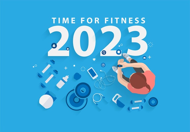 2023 feliz año nuevo tiempo para la aptitud en el gimnasio ideas de estilo de vida saludable concepto de diseño ilustración vectorial plantilla de diseño moderno