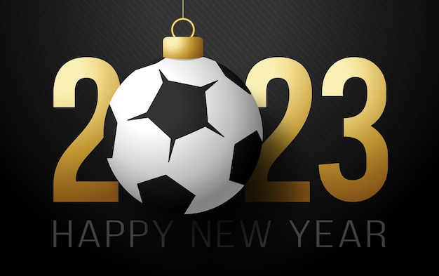 2023 fútbol Feliz Año Nuevo Tarjeta de felicitación deportiva con fútbol dorado y balón de fútbol en el fondo de lujo Ilustración vectorial