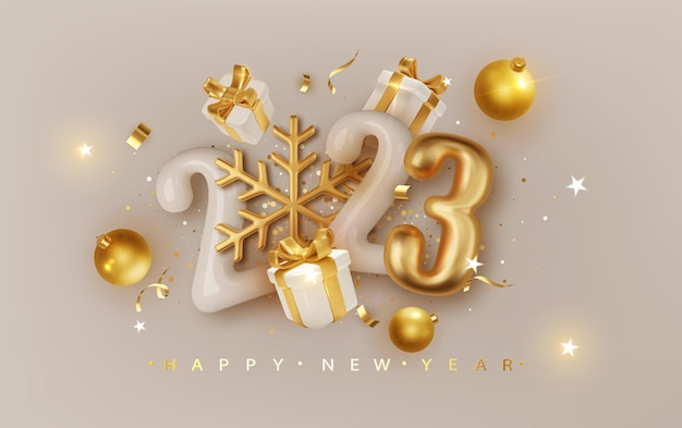 Vector 2023 número 3d brillante realista con copos de nieve dorados y cajas de regalo feliz año nuevo y feliz navidad 2023 tarjeta de felicitación representación 3d vectorial