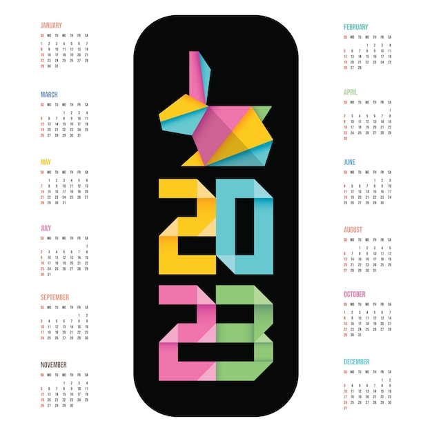 2023 Origami Rabbit Calendar colorido feliz año nuevo diseño vectorial