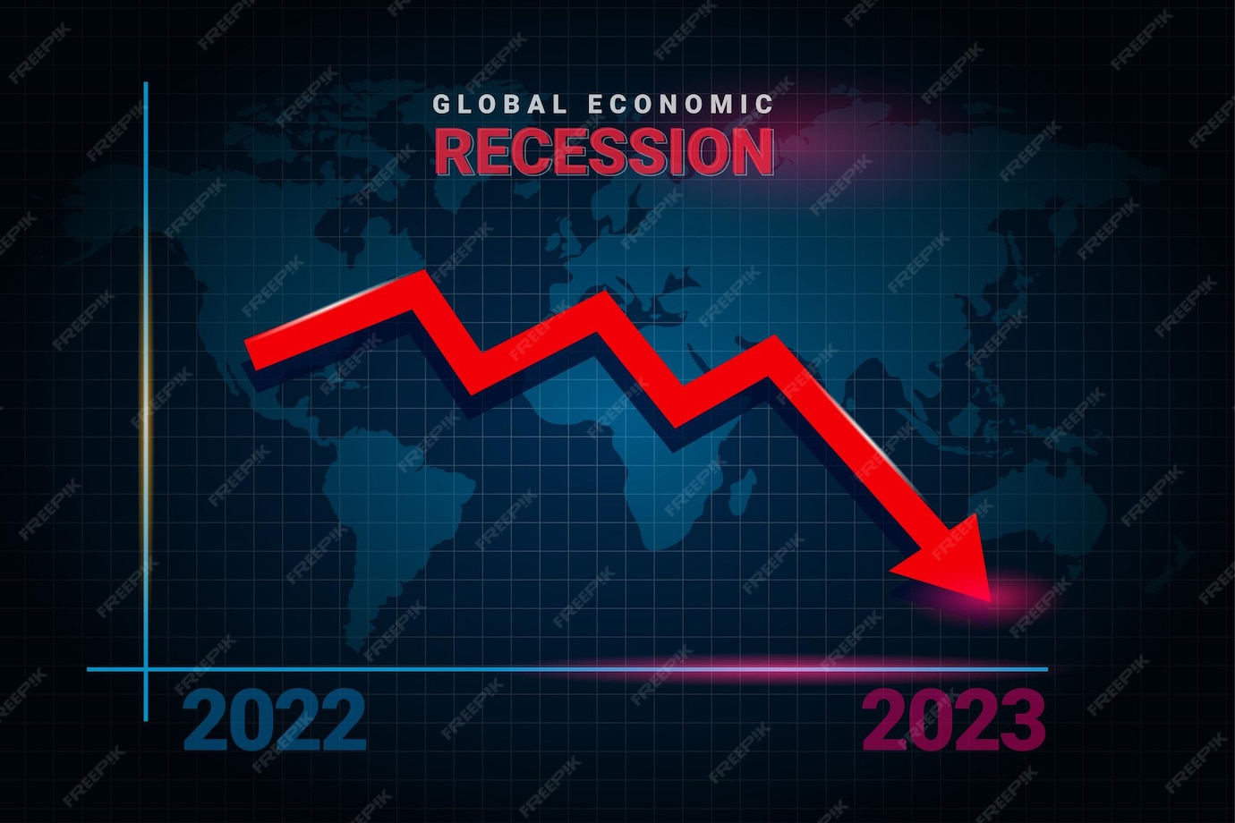 2023 recesión económica, caída de negocios globales con flecha