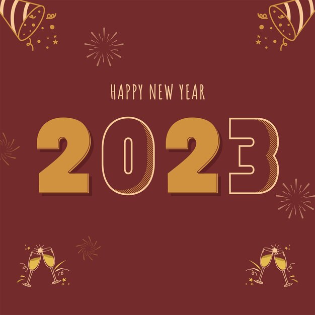 2023 Texto de feliz año nuevo con popper de fiesta de vidrio tostado y fuegos artificiales sobre fondo de sombra quemada