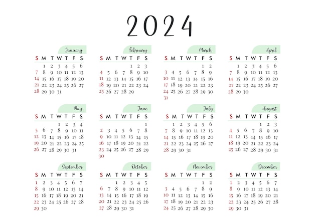 Vector 2024 año calendario semana de ilustración vectorial comienza domingo plantilla de diseño minimalista