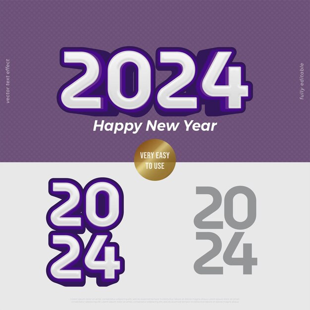 2024 con una combinación de color púrpura en las letras vector 3D efecto de texto editable