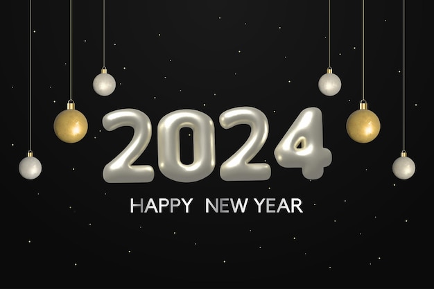 2024 Feliz Año Nuevo con escritura plateada y bola colgada sobre fondo aislado