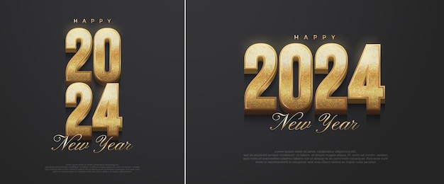 2024 feliz año nuevo con una ilustración de números dorados gruesos en 3d realistas diseño vectorial premium para carteles, pancartas, calendario y saludos