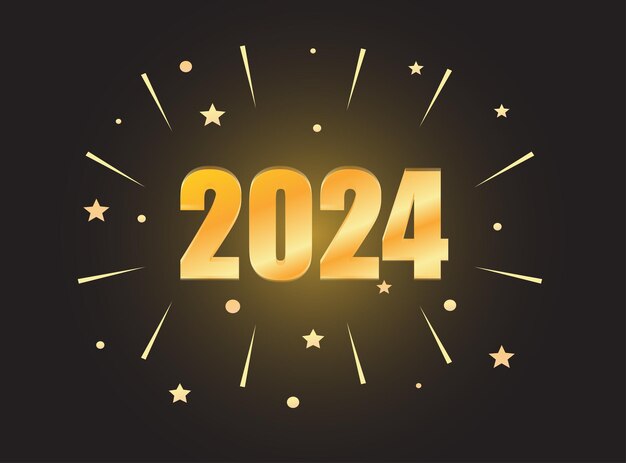 2024 fondo oscuro con letras doradas y vector de diseño de estrella explosiva