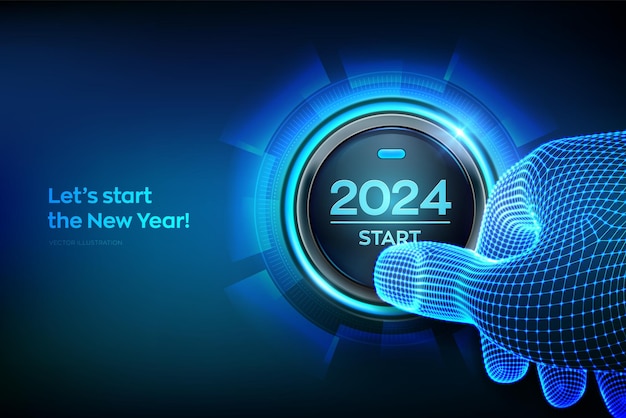 2024 inicio Dedo a punto de presionar un botón con el texto 2024 inicio Feliz año nuevo Año nuevo dos mil veinticuatro viene concepto Ilustración vectorial