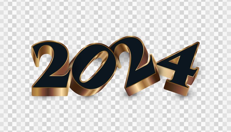 Vector 2024 en negro y dorado con estilo 3d aislado sobre fondo transparente diseño de feliz año nuevo 2024