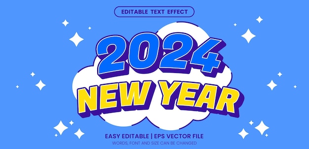 2024 nuevo año estilo de dibujos animados 3D vector premium estilo de efecto de texto editable