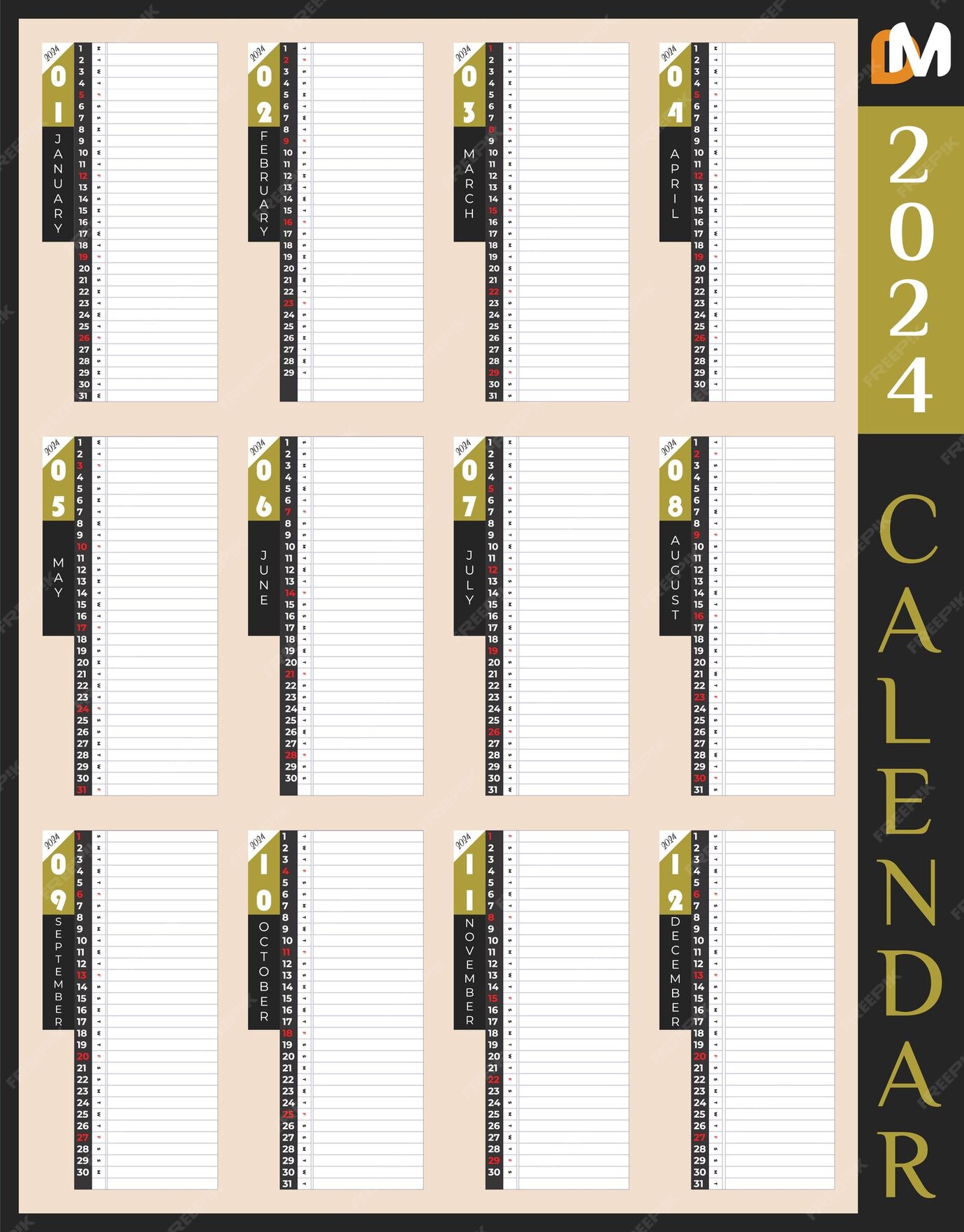 2024 pared de calendario o tabla Una página Imprimir listo día