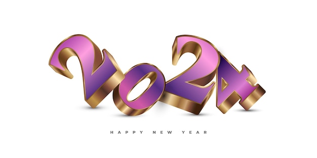 Vector 2024 en púrpura y dorado con estilo 3d aislado sobre fondo blanco diseño de feliz año nuevo 2024