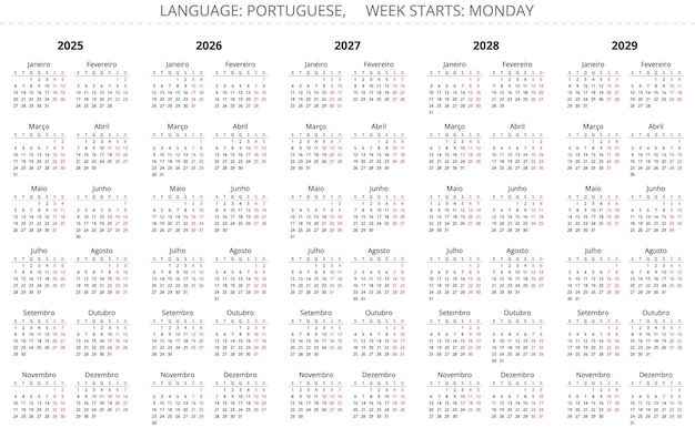 2025 2026 2027 2028 2029 calendarios de años portugueses Ilustración vectorial para Portugal