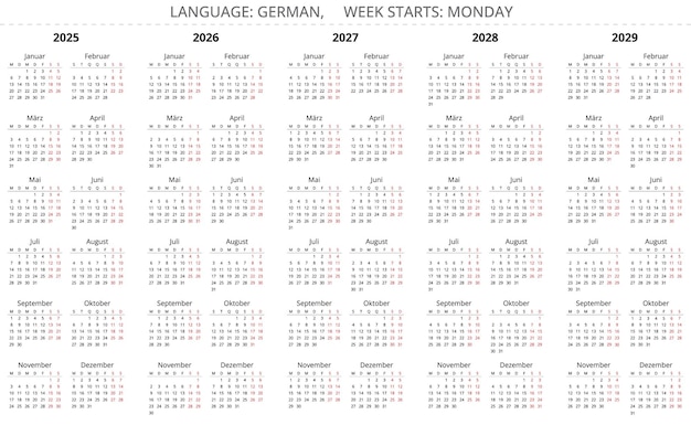 2025 2027 2028 2029 año calendarios alemanes verticales conjuntos de ilustraciones vectoriales imprimibles Alemania