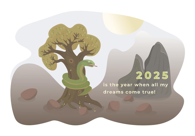 2025 año de la serpiente verde un gran reptil se envuelve alrededor de un árbol vector ilustración colorida