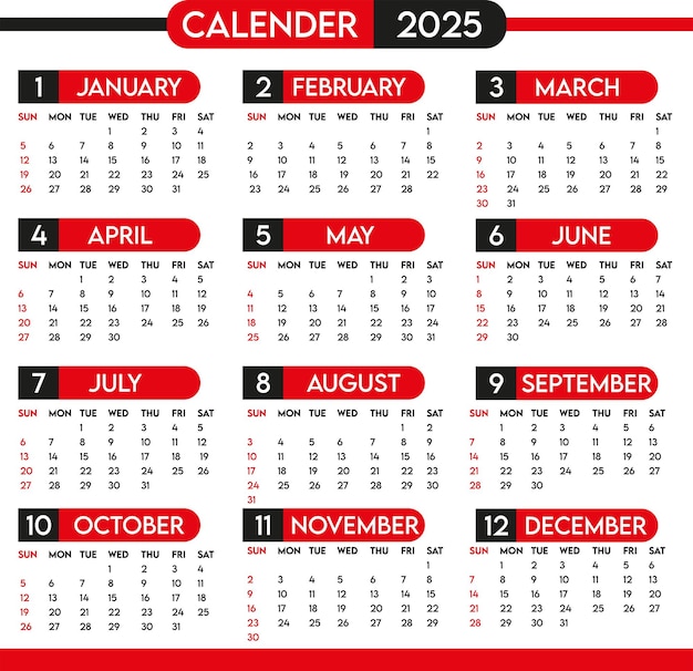 2025 Calendario con días festivos imprimible Rojo Negro Calendario vectorial editable comienza con domingo editable