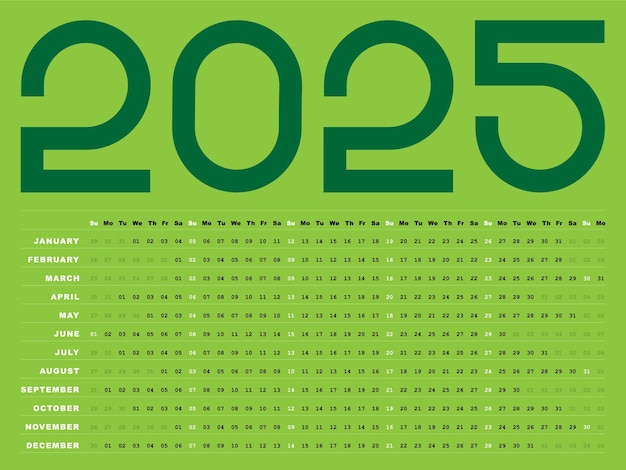 2025 Calendario de diseño horizontal verde