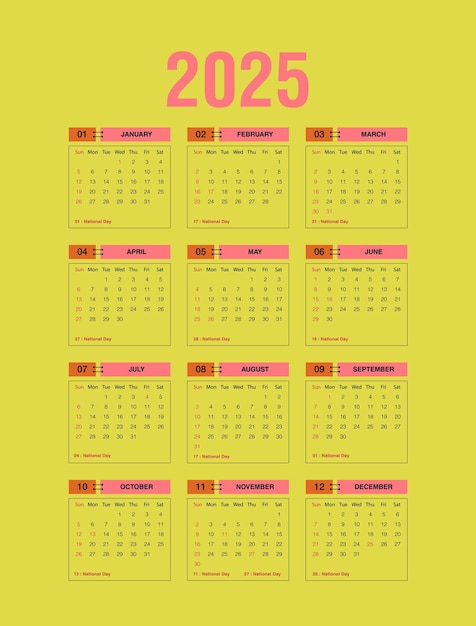 2025 Calendario minimalista plantilla editable colorido planificador mensual 2025 diseño profesional