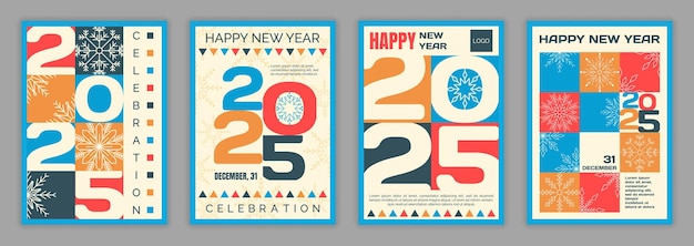 2025 celebration new year and christmas greeting card december event flags garland party invitation numbers or abstract snowflakes snow shapes vector winter holiday banners set