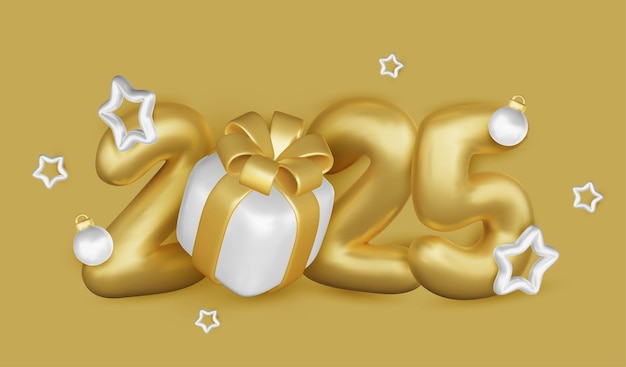 2025 Número brillante realista con caja de regalo dorada Feliz Año Nuevo y Feliz Navidad 2025 Tarjeta de felicitaciones Renderización vectorial 3d
