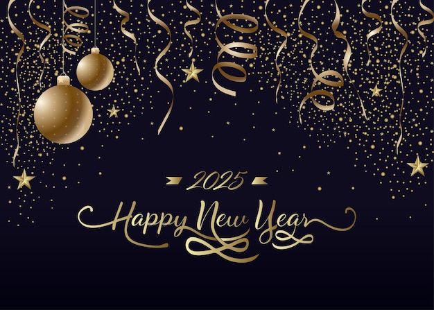 2025 oro Feliz Año Nuevo y Navidad en fondo oscuro con estrellas de confeti fuegos artificiales