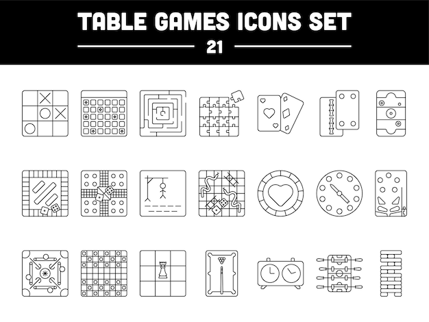 Vector 21 juegos de mesa conjunto de iconos o símbolos de trazo negro