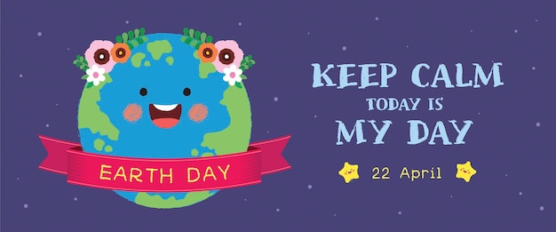Vector 22 de abril banner del día de la madre tierra lindo globo terráqueo de dibujos animados con cinta roja sobre fondo estrellado