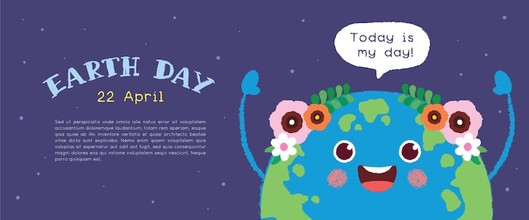 22 de abril Banner del Día de la Madre Tierra Lindo globo terráqueo de dibujos animados dibujados a mano sobre fondo estrellado