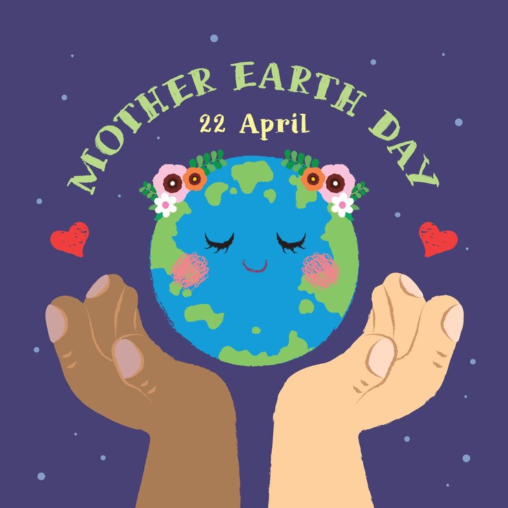22 de abril Día de la Madre Tierra Dos manos haciendo forma de corazón con un lindo globo terráqueo de dibujos animados