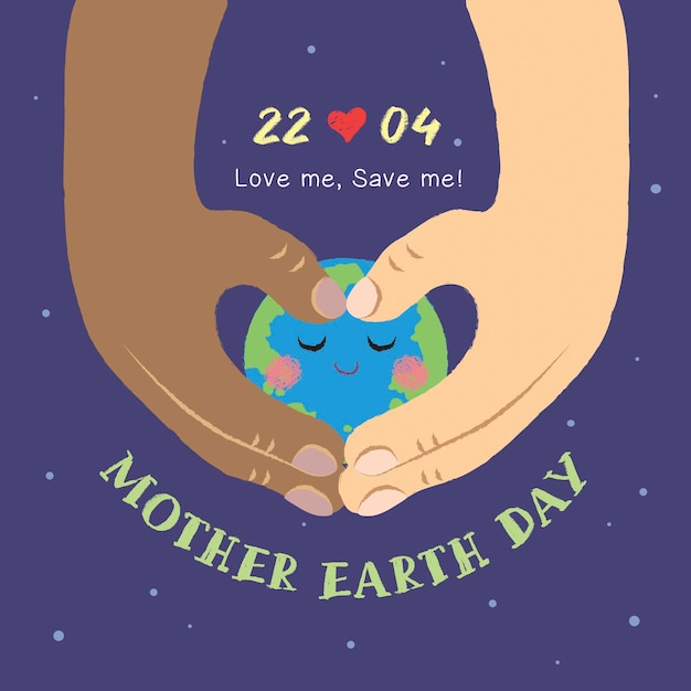 22 de abril Día de la Madre Tierra Dos manos haciendo forma de corazón con un lindo globo terráqueo de dibujos animados