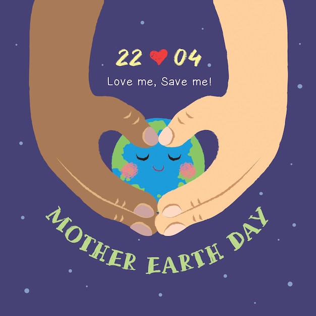 22 de abril día de la madre tierra dos manos haciendo forma de corazón con un lindo globo terráqueo de dibujos animados