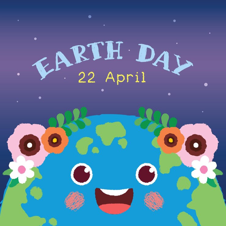 22 de abril Tarjeta de felicitación del Día de la Madre Tierra Lindo globo terráqueo de dibujos animados dibujados a mano sobre fondo estrellado