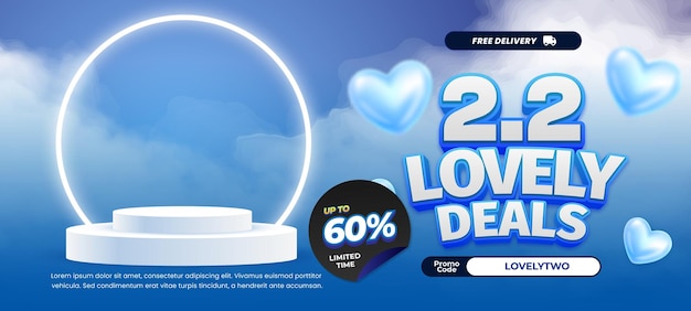 22 El día de las compras de amor Las ofertas de descuento de venta Gradiente azul Círculo de neón Vitrina pancarta horizontal