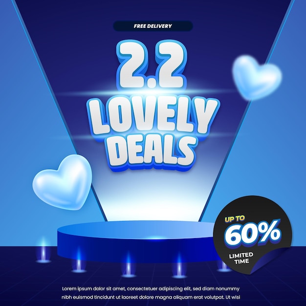 22 Día encantador Ofertas de descuento de venta Gradiente súper azul Efecto de texto editable Exposición de banner premium