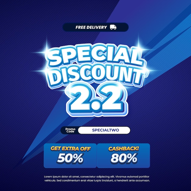 22 Día especial de compras Concesiones de descuento Gradiente azul oscuro Efecto de texto editable Banner sencillo