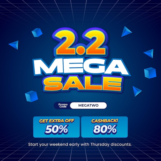 22 días de compras Ofertas de descuento de venta Gradiente azul Efecto de texto editable Banner de estilo 3D