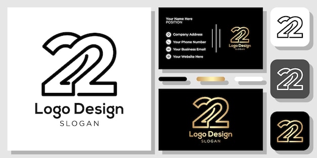 22 diseño de logotipo símbolo número oro negro con plantilla de tarjeta de visita