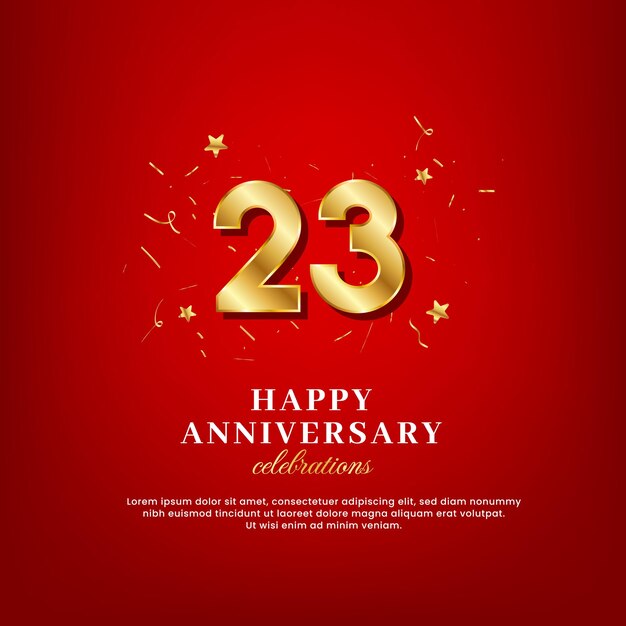 23 años de aniversario de números dorados celebrando texto y texto de felicitación de aniversario con confeti dorado esparcido sobre un fondo rojo