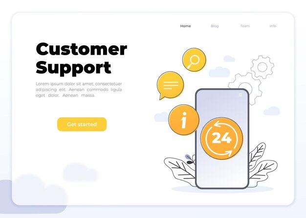 24 7 concepto de servicio o centro de llamadas, teléfono inteligente grande y gente pequeña con computadoras portátiles en la ilustración de vector plano. atención al cliente ininterrumpida. Plantilla de diseño de autoservicio móvil para banner web.